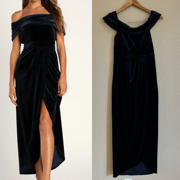 NWOT I'm Enchanted Navy Blue Velvet Off-the-Shoulder Maxi Dress - Picture 1 of 8